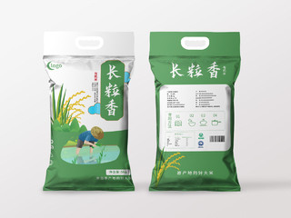 绿色小清新卡通风格长粒香有机米大米包装袋设计